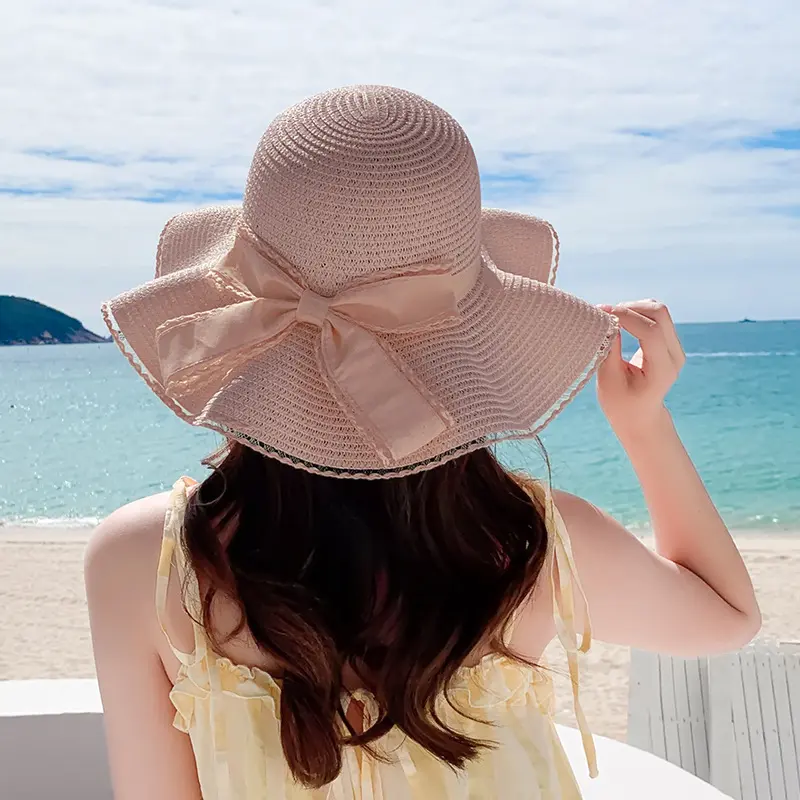Big Bowknot Sun Straw Hat for Women Summer Wide-brim Panama Cap Outdoor Beach Travel Sunshade Female Bucket Hats Gorras