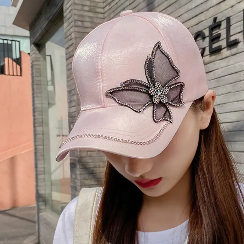 Butterfly Rhinestone Baseball Cap Silk Satin Visor Sun Hat For Women Leisure Adjustable Snapback Baseball Hat