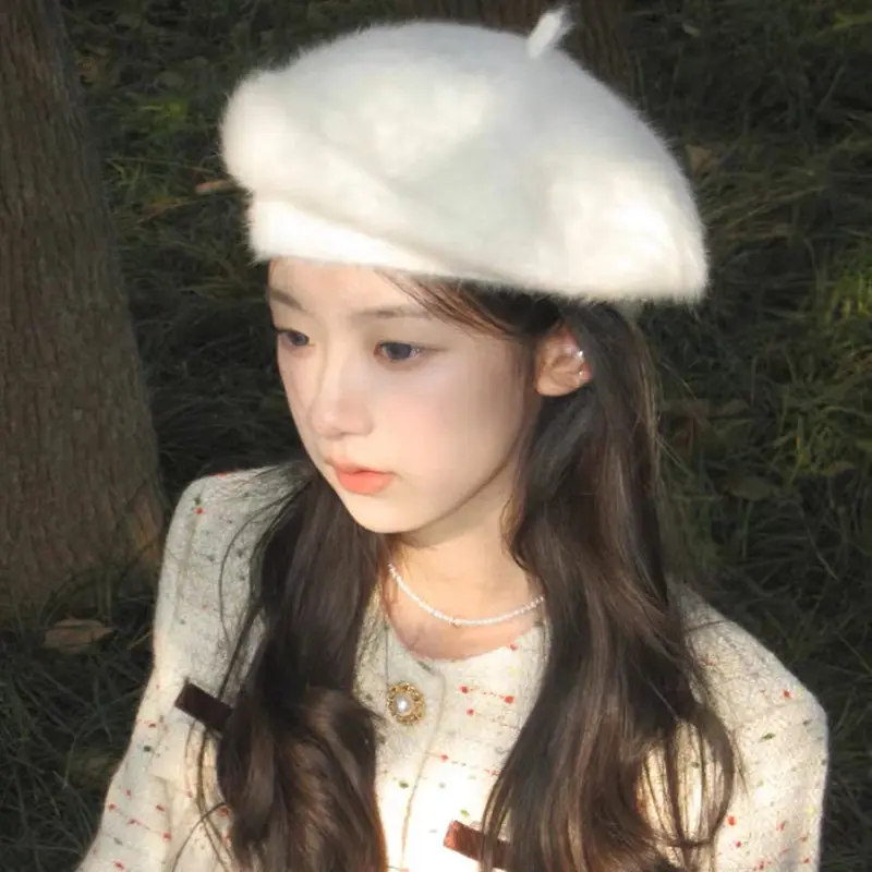 Winter Plush Beret Hat for Women Faux Rabbit Fur Warm Newsboy Cap Soft Solid Color Thicken Artist Painter Caps