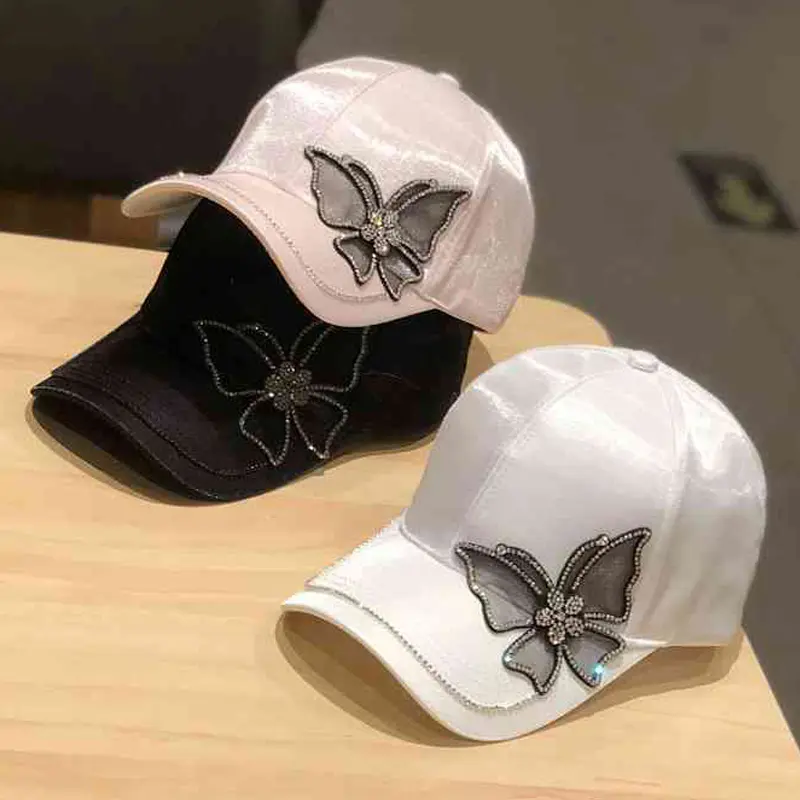 Butterfly Rhinestone Baseball Cap Silk Satin Visor Sun Hat For Women Leisure Adjustable Snapback Baseball Hat