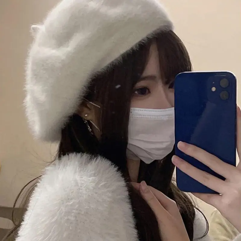 Winter Plush Beret Hat for Women Faux Rabbit Fur Warm Newsboy Cap Soft Solid Color Thicken Artist Painter Caps