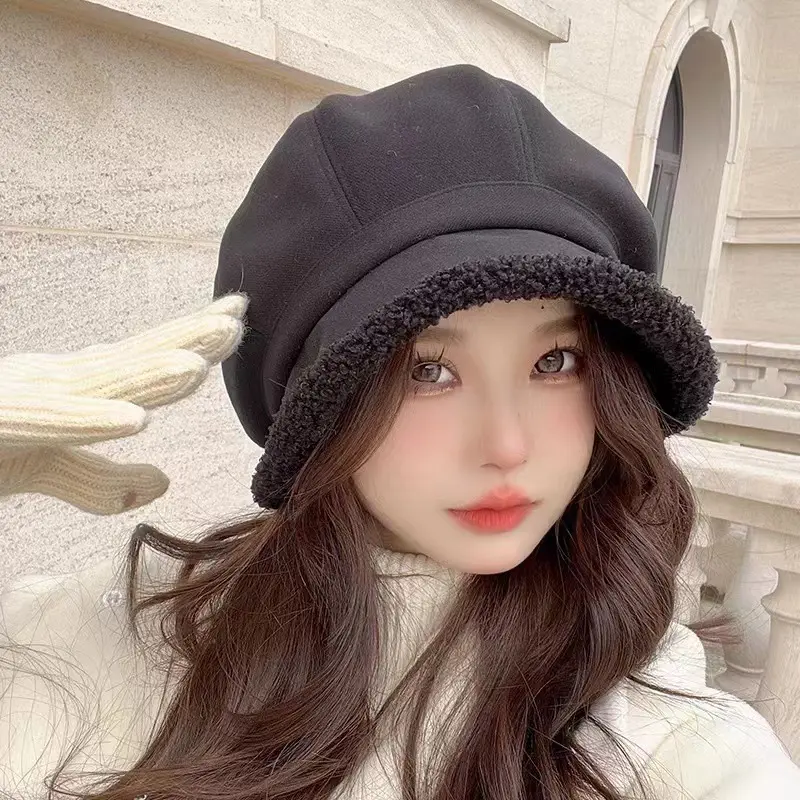 Winter Lambs Wool Berets for Women Solid Color Suede Octagonal Hat Korean Thicken Plush Fisherman Hats