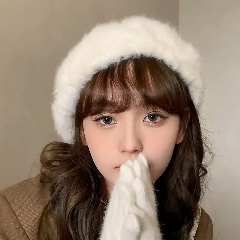 Winter Plush Beret Hat for Women Faux Rabbit Fur Warm Newsboy Cap Soft Solid Color Thicken Artist Painter Caps