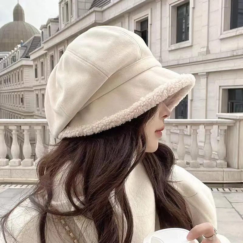 Winter Lambs Wool Berets for Women Solid Color Suede Octagonal Hat Korean Thicken Plush Fisherman Hats