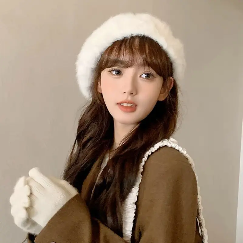 Winter Plush Beret Hat for Women Faux Rabbit Fur Warm Newsboy Cap Soft Solid Color Thicken Artist Painter Caps