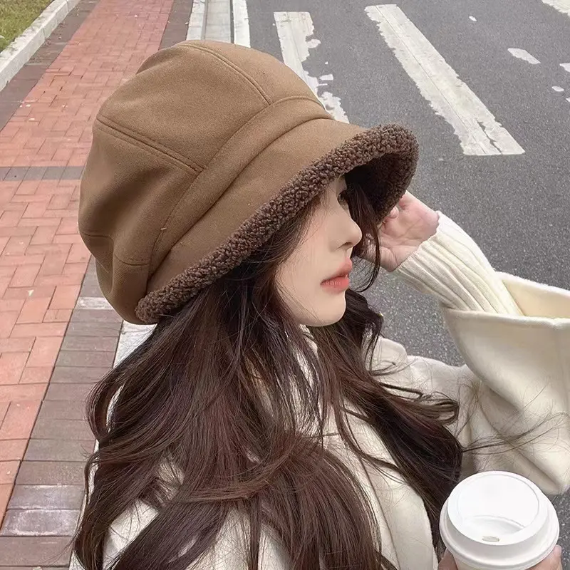 Winter Lambs Wool Berets for Women Solid Color Suede Octagonal Hat Korean Thicken Plush Fisherman Hats