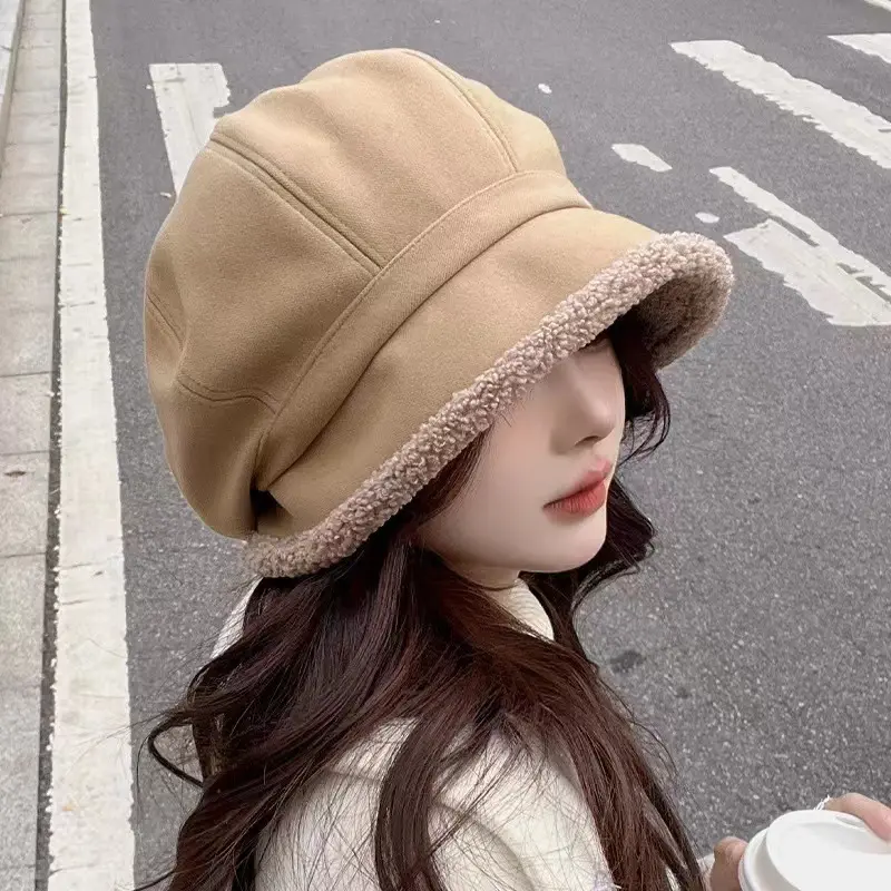 Winter Lambs Wool Berets for Women Solid Color Suede Octagonal Hat Korean Thicken Plush Fisherman Hats
