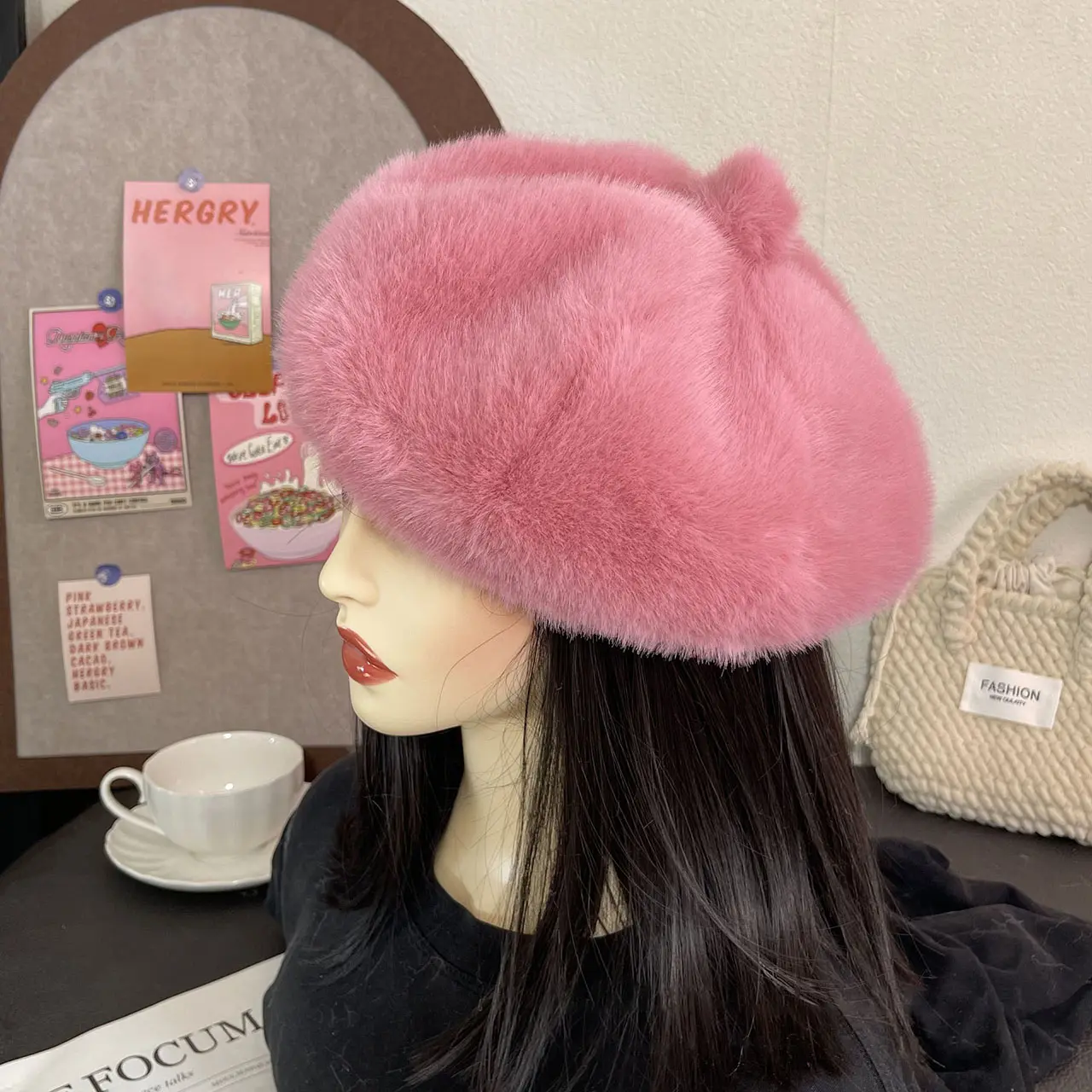 Winter Plush Beret Hat for Women Solid Color Fluffy Fur Newsboy Cap Female Lady French Style Octagonal Caps