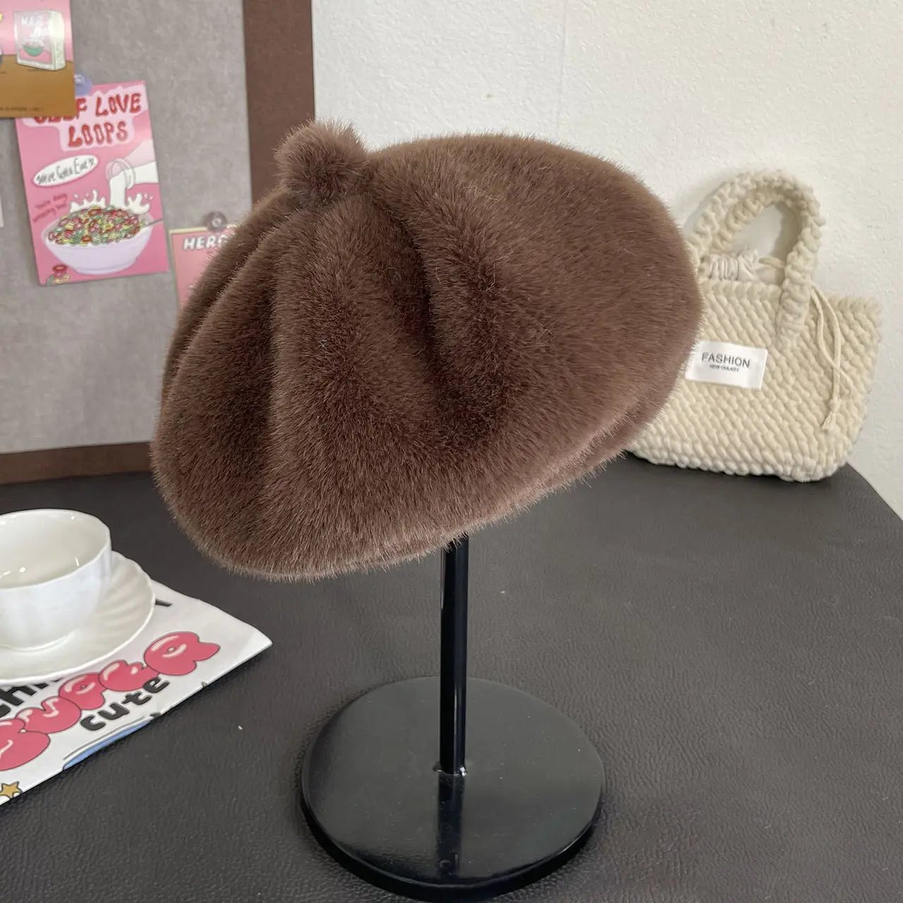 Winter Plush Beret Hat for Women Solid Color Fluffy Fur Newsboy Cap Female Lady French Style Octagonal Caps