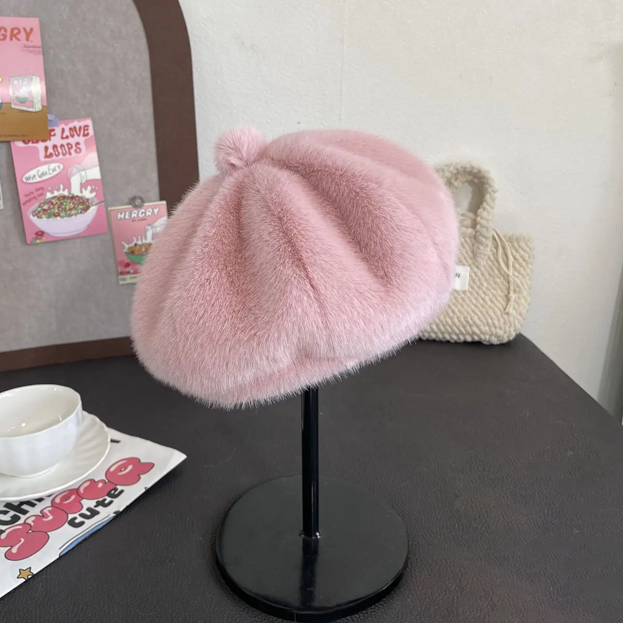 Winter Plush Beret Hat for Women Solid Color Fluffy Fur Newsboy Cap Female Lady French Style Octagonal Caps
