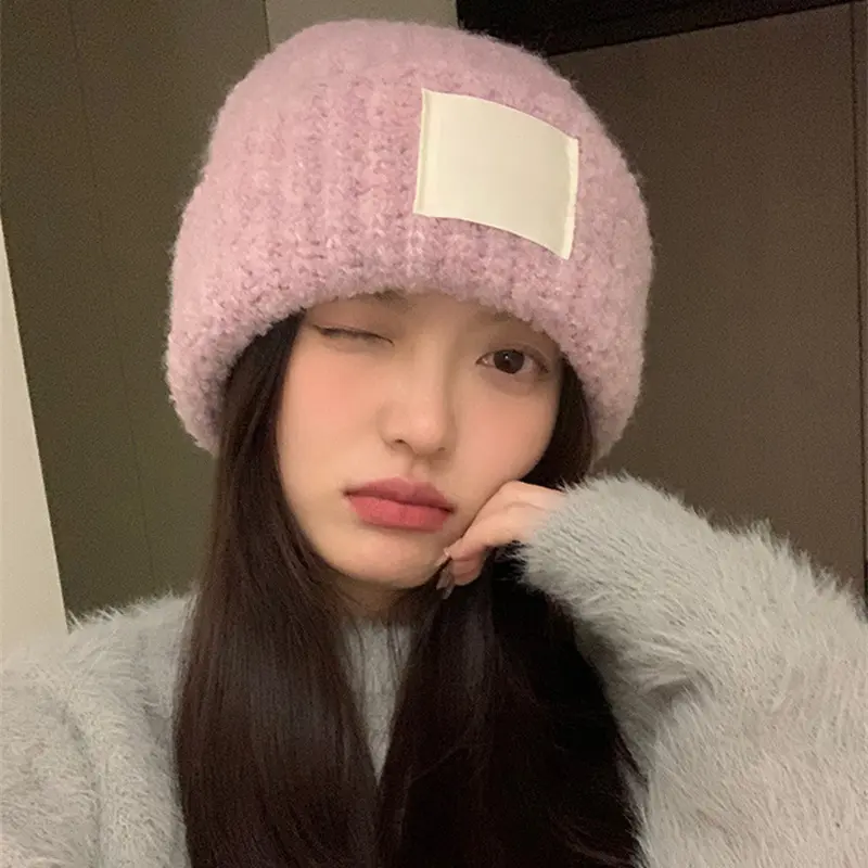 Winter Beanies for Women Warm Knitted Wool Slouchy Hat Solid Color Label Girls Skullcap Baggy Bonnet