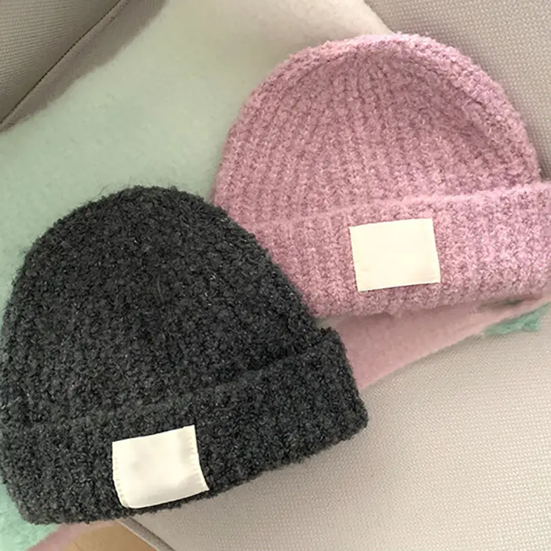 Winter Beanies for Women Warm Knitted Wool Slouchy Hat Solid Color Label Girls Skullcap Baggy Bonnet