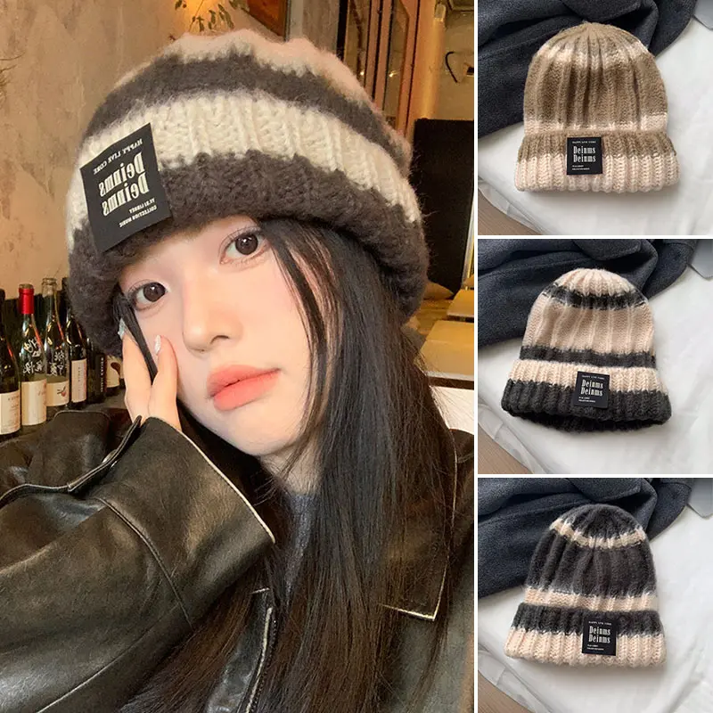 Winter Warm Beanies Cap Women Korean Striped Knitted Hat for Female Autumn Windproof Thicken Woolen Girls Slouchy Hats