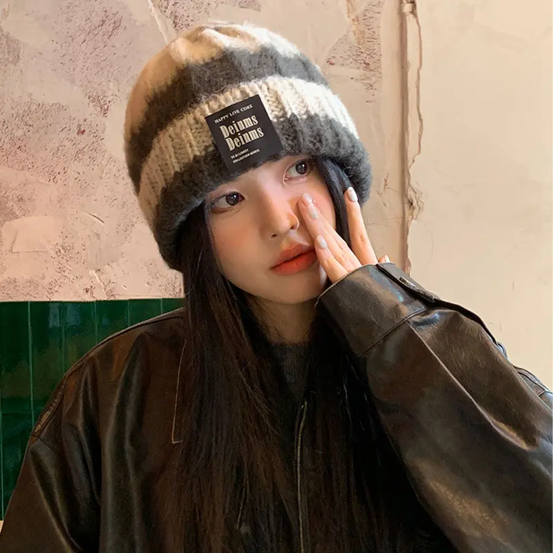 Winter Warm Beanies Cap Women Korean Striped Knitted Hat for Female Autumn Windproof Thicken Woolen Girls Slouchy Hats