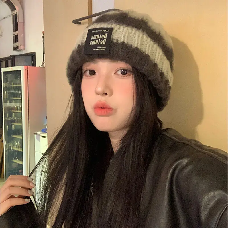 Winter Warm Beanies Cap Women Korean Striped Knitted Hat for Female Autumn Windproof Thicken Woolen Girls Slouchy Hats