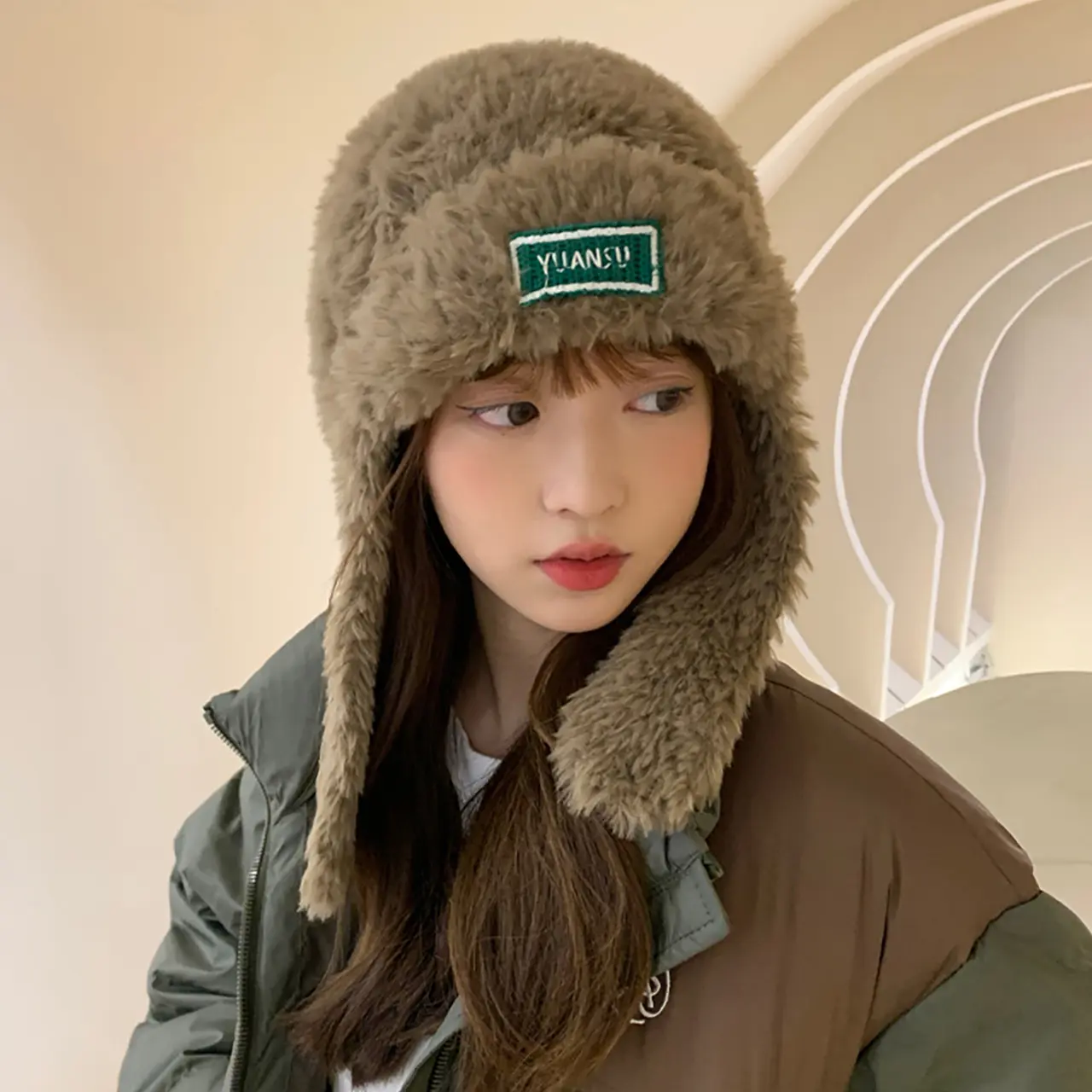Winter Plush Hat with Earflap Women Warm Knitte Ear Protection Cap Outdoor Windproof Trapper Hats Korean Beanies