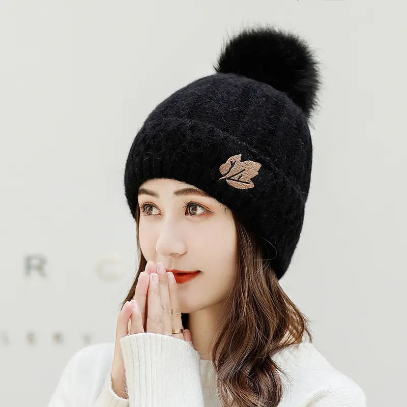 New Winter Knitted Hat for Women Leaf Embroidered Beanie Cap Outdoor Warm Solid Color Female Lady Skullies Caps Bonnet Gorras