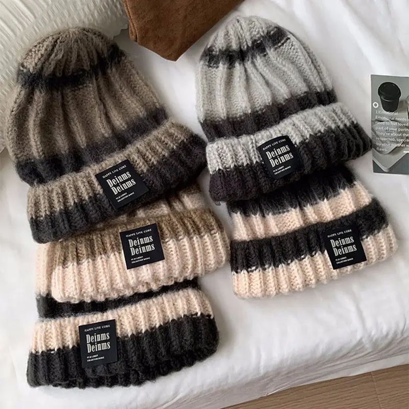 Winter Warm Beanies Cap Women Korean Striped Knitted Hat for Female Autumn Windproof Thicken Woolen Girls Slouchy Hats