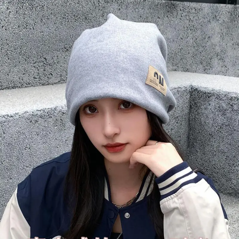 Korean Knit Beanies for Women Winter Warm Loose Skullies Outdoor Windproof Pullover Hats Unisex Skullcap