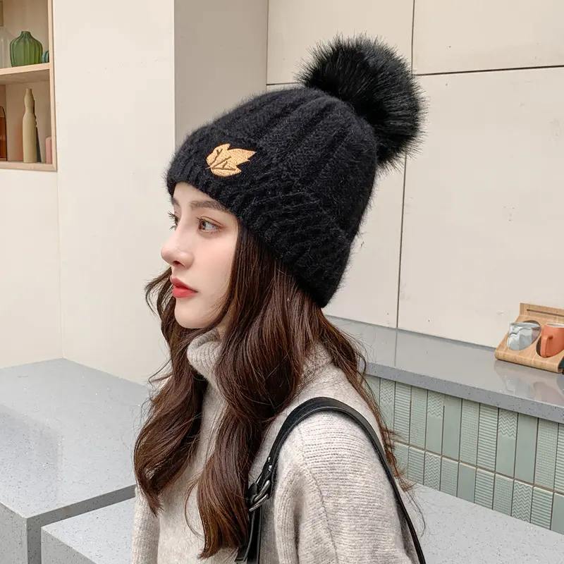 New Winter Knitted Hat for Women Leaf Embroidered Beanie Cap Outdoor Warm Solid Color Female Lady Skullies Caps Bonnet Gorras