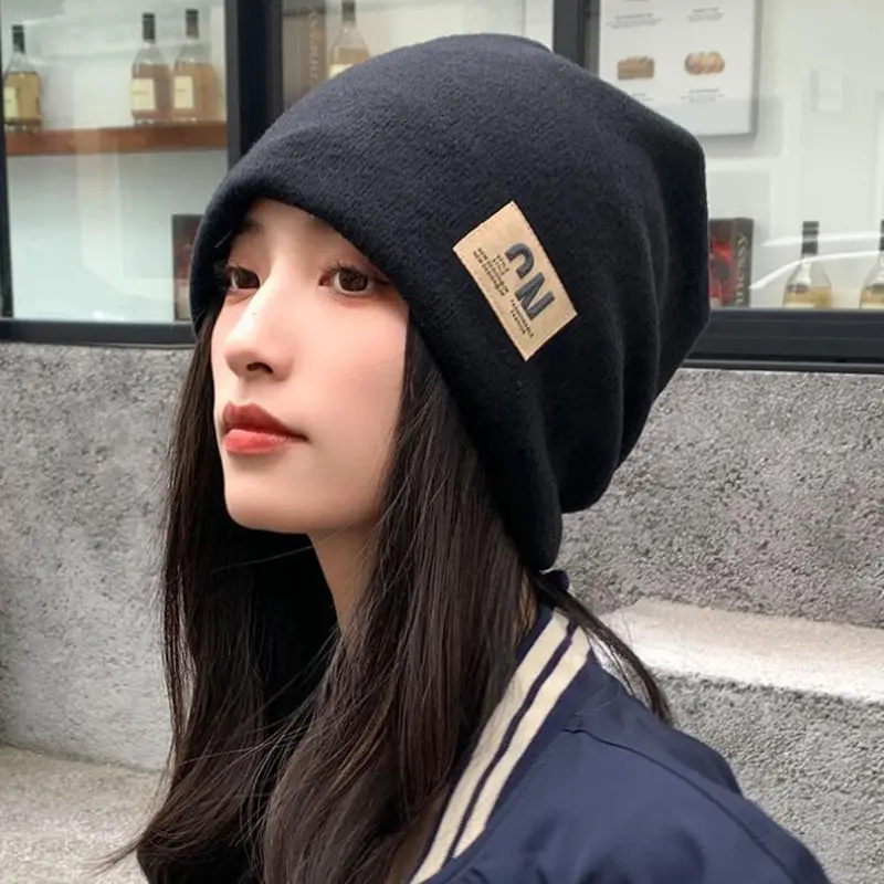Korean Knit Beanies for Women Winter Warm Loose Skullies Outdoor Windproof Pullover Hats Unisex Skullcap