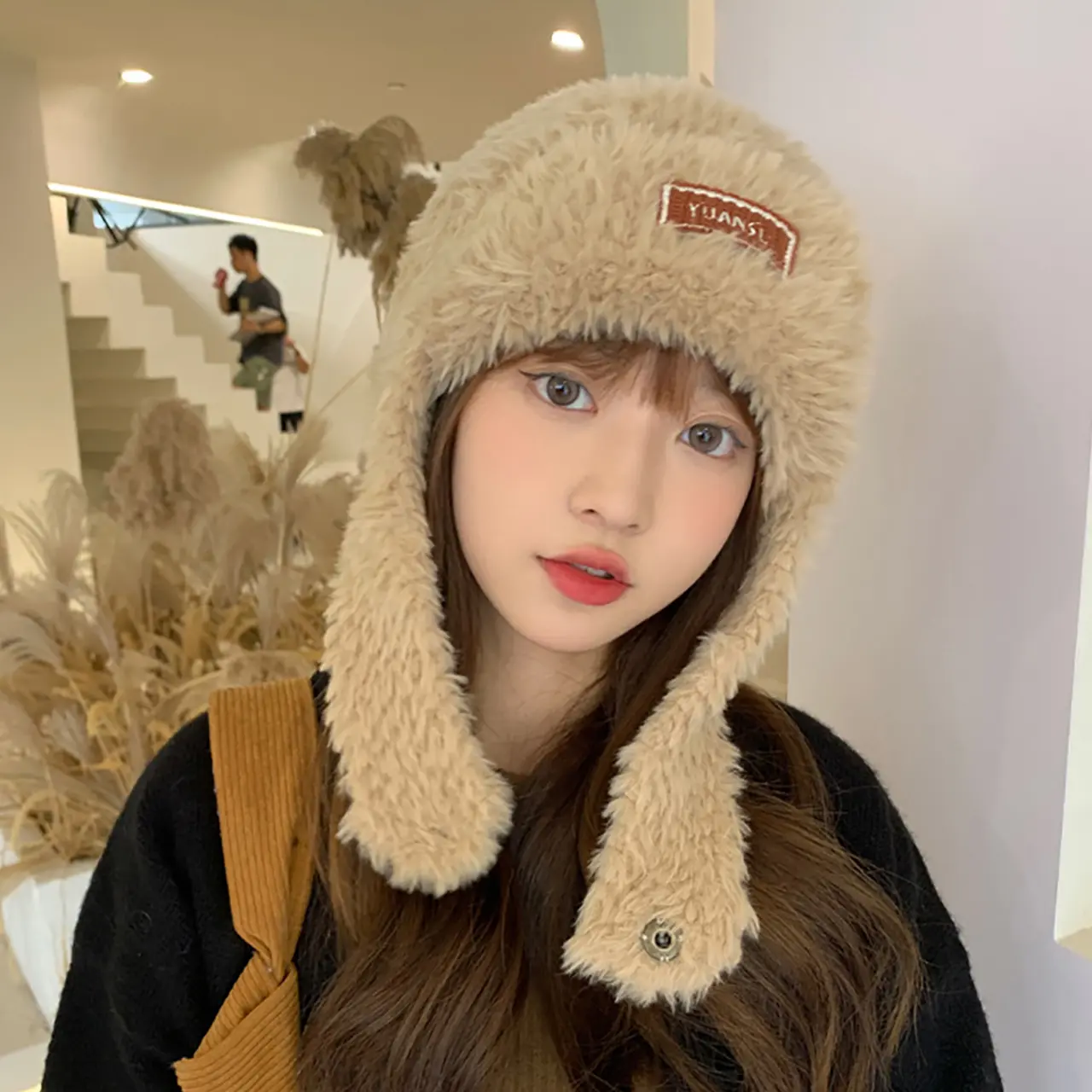 Winter Plush Hat with Earflap Women Warm Knitte Ear Protection Cap Outdoor Windproof Trapper Hats Korean Beanies