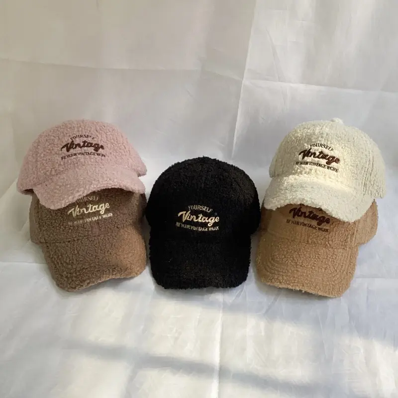 Lamb Fleece Baseball Hat for Women Letter Embroidery Warm Snapback Cap Autumn Winter Warm Plush Hats