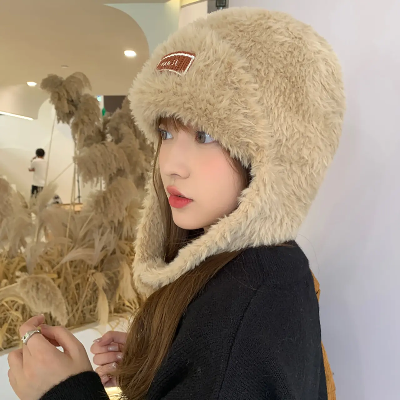 Winter Plush Hat with Earflap Women Warm Knitte Ear Protection Cap Outdoor Windproof Trapper Hats Korean Beanies