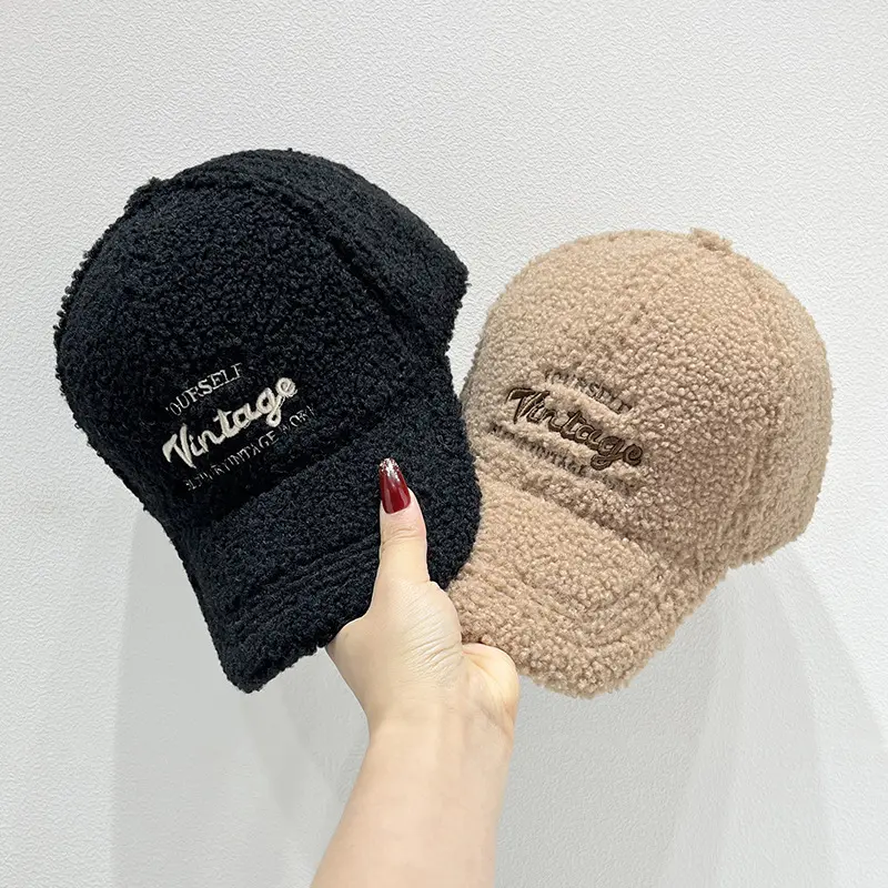 Lamb Fleece Baseball Hat for Women Letter Embroidery Warm Snapback Cap Autumn Winter Warm Plush Hats