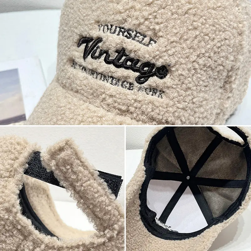 Lamb Fleece Baseball Hat for Women Letter Embroidery Warm Snapback Cap Autumn Winter Warm Plush Hats