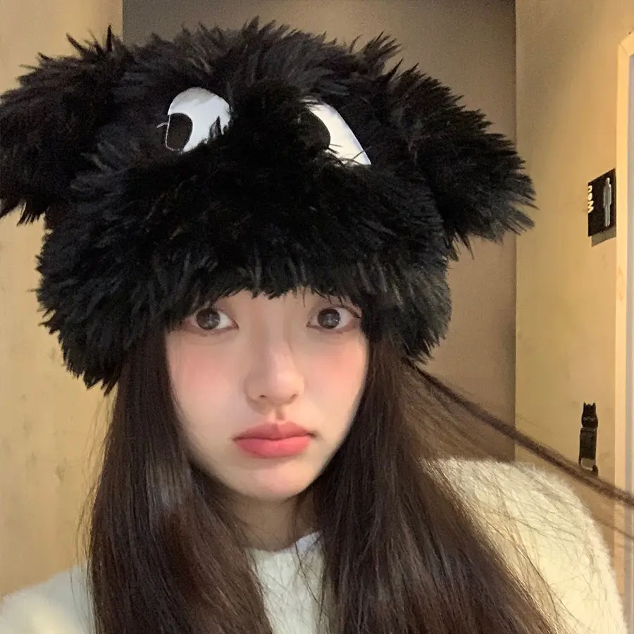 Funny Winter Plush Hat for Women Cute Cartoon Puppy Ears Beanie Cap Solid Color Warm Fluffy Faux Fur Girls Ear Protection Hats