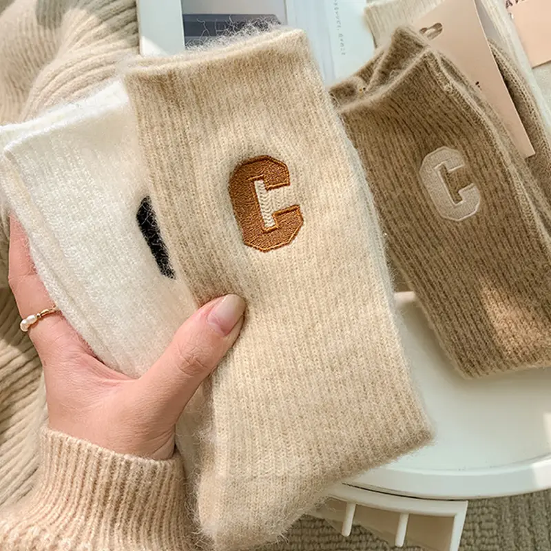 Winter Wool Socks for Women Winter Warm Thick Cashmere Mid Tube Sock Korean Letter Embroidered Female Home Socks Hosiery