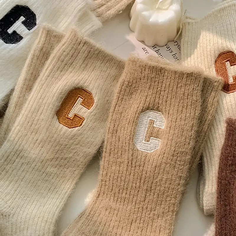 Winter Wool Socks for Women Winter Warm Thick Cashmere Mid Tube Sock Korean Letter Embroidered Female Home Socks Hosiery