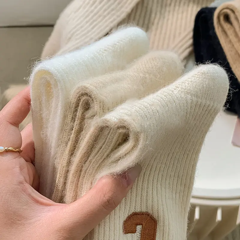 Winter Wool Socks for Women Winter Warm Thick Cashmere Mid Tube Sock Korean Letter Embroidered Female Home Socks Hosiery