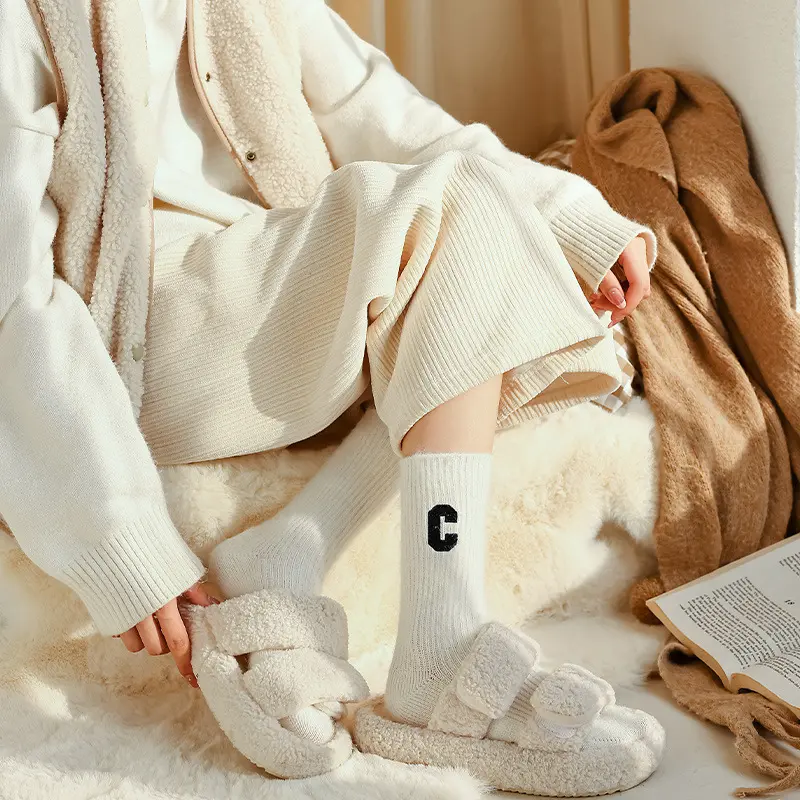 Winter Wool Socks for Women Winter Warm Thick Cashmere Mid Tube Sock Korean Letter Embroidered Female Home Socks Hosiery