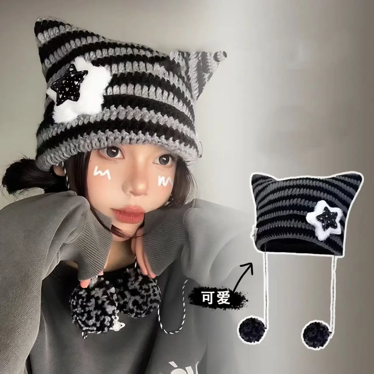Y2K Beanie Hat Women Ins Devil Ear Striped Knitted Wool Cap Autumn Winter Hip-hop Crochet Cute Cat Ears Pointed Pullover Hats