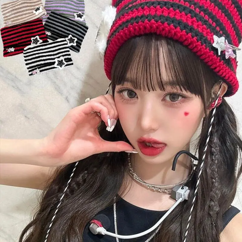 Y2K Beanie Hat Women Ins Devil Ear Striped Knitted Wool Cap Autumn Winter Hip-hop Crochet Cute Cat Ears Pointed Pullover Hats