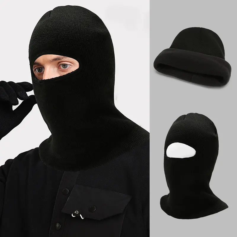 Winter Balaclava Face Mask Outdoor Windproof Knitted Woolen Beanies Hat Thicken Warm Black Ear Protection Caps