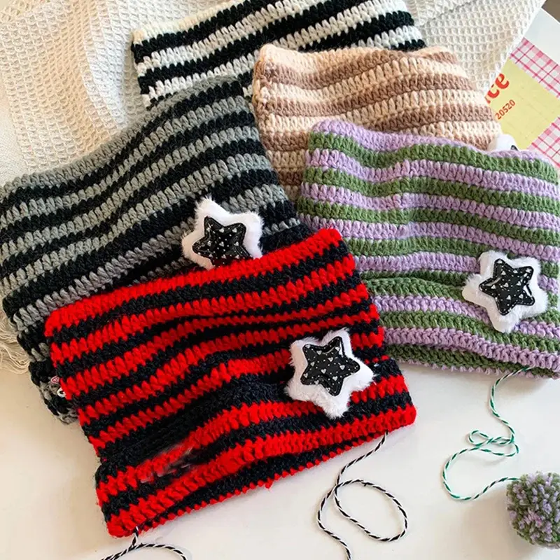 Y2K Beanie Hat Women Ins Devil Ear Striped Knitted Wool Cap Autumn Winter Hip-hop Crochet Cute Cat Ears Pointed Pullover Hats