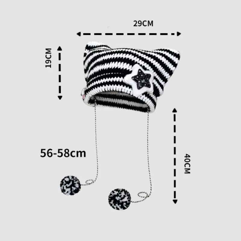 Y2K Beanie Hat Women Ins Devil Ear Striped Knitted Wool Cap Autumn Winter Hip-hop Crochet Cute Cat Ears Pointed Pullover Hats
