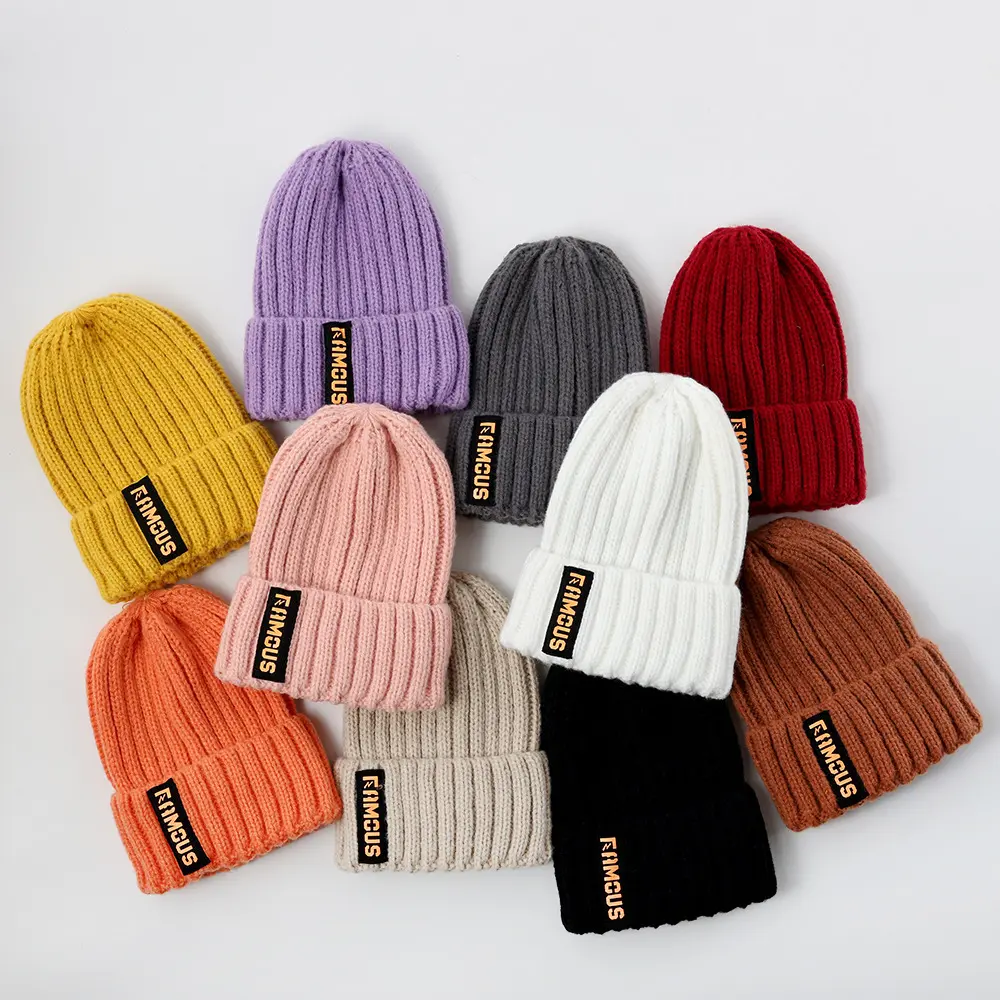 Winter Beanie Cap for Women Letter Label Knitted Woolen Hat Solid Color Female Thicken Skullcap Gorras