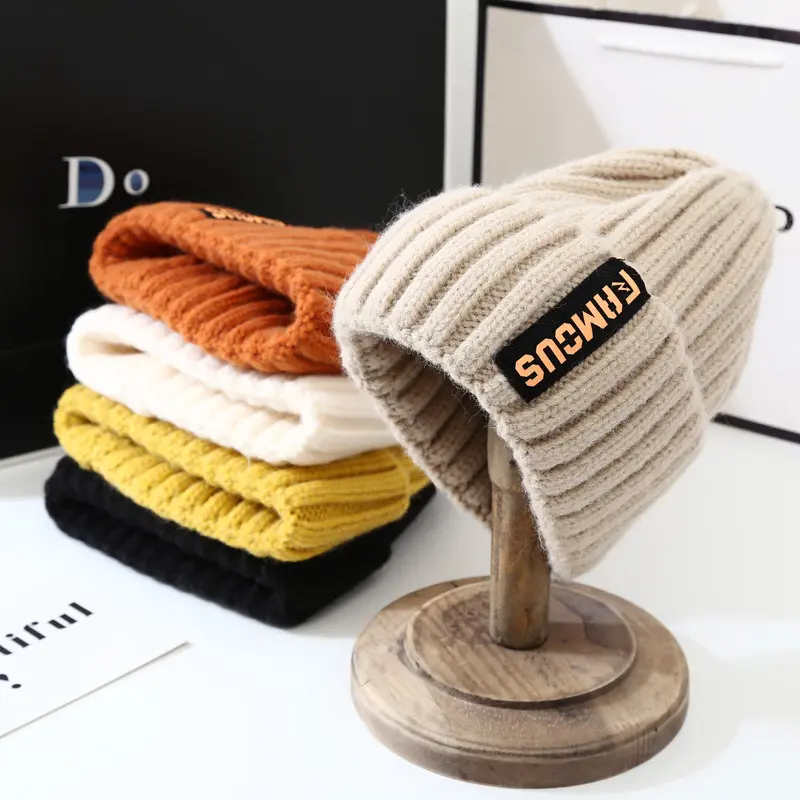 Winter Beanie Cap for Women Letter Label Knitted Woolen Hat Solid Color Female Thicken Skullcap Gorras