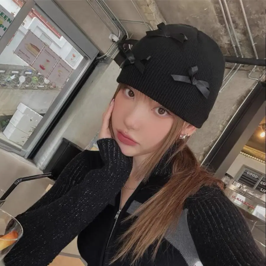 Winter Beanie Cap for Women Bowknot Warm Girls Knitted Hat Solid Color Bows Decor Female Thermal Skullcap