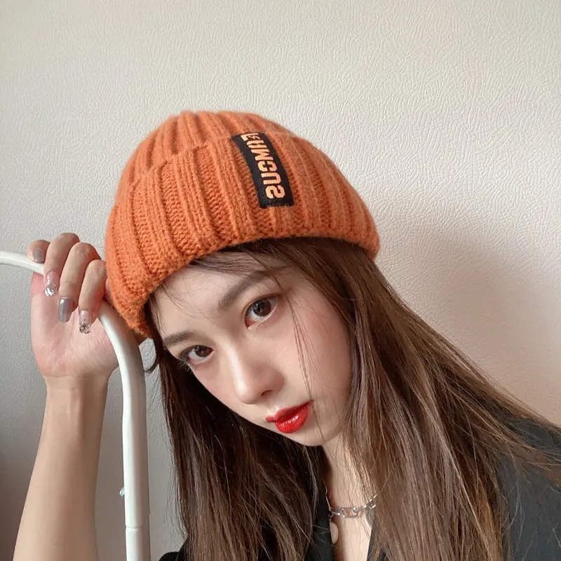 Winter Beanie Cap for Women Letter Label Knitted Woolen Hat Solid Color Female Thicken Skullcap Gorras