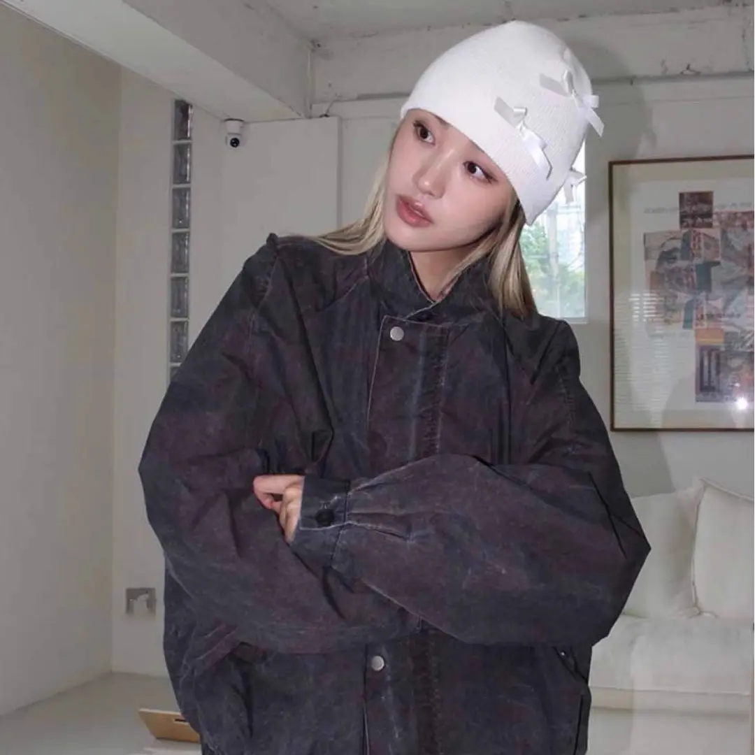 Winter Beanie Cap for Women Bowknot Warm Girls Knitted Hat Solid Color Bows Decor Female Thermal Skullcap