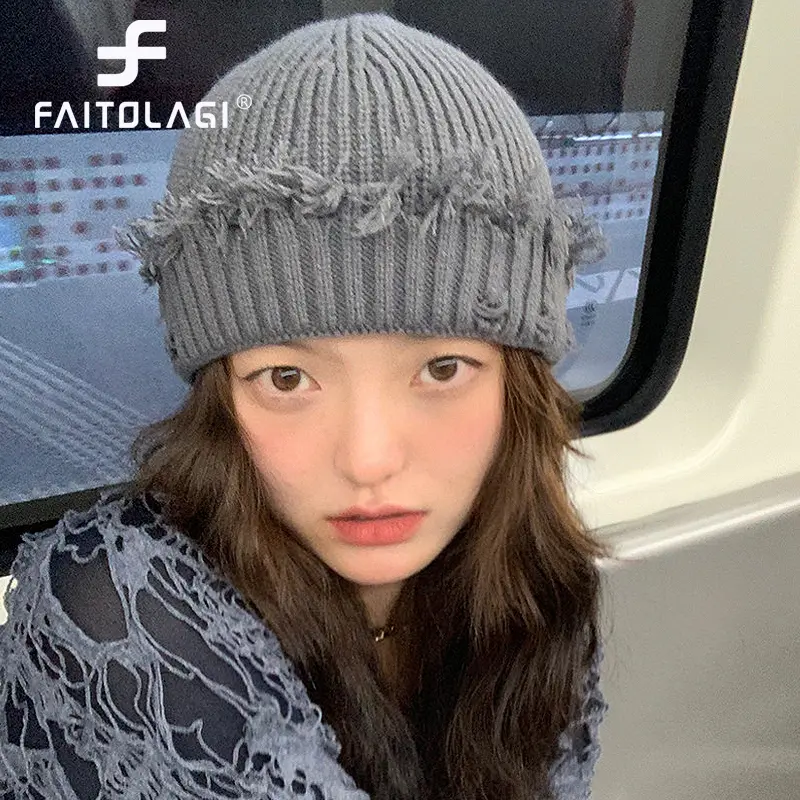 Punk Hip Hop Knitted Hat Women Winter Autumn Warm Beanie Cap Retro Holes Solid Color Skullies Men Harajuku Bonnet