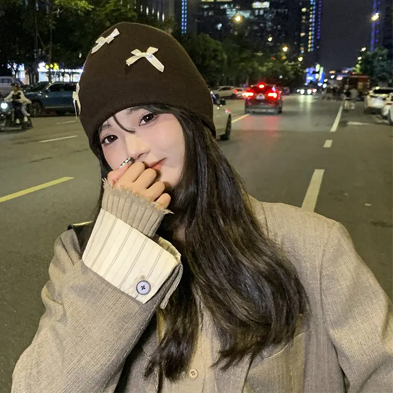 Winter Beanie Cap for Women Bowknot Warm Girls Knitted Hat Solid Color Bows Decor Female Thermal Skullcap