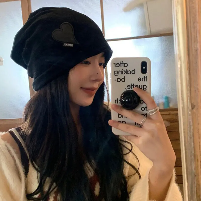 Autumn Cotton Beanie Cap for Women Solid Color Heart Slouchy Cap Korean Hip Hop Female Loose Hats Girls Skullcap