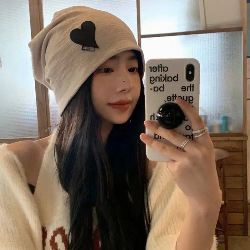 Autumn Cotton Beanie Cap for Women Solid Color Heart Slouchy Cap Korean Hip Hop Female Loose Hats Girls Skullcap