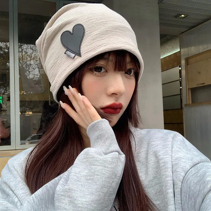 Autumn Cotton Beanie Cap for Women Solid Color Heart Slouchy Cap Korean Hip Hop Female Loose Hats Girls Skullcap